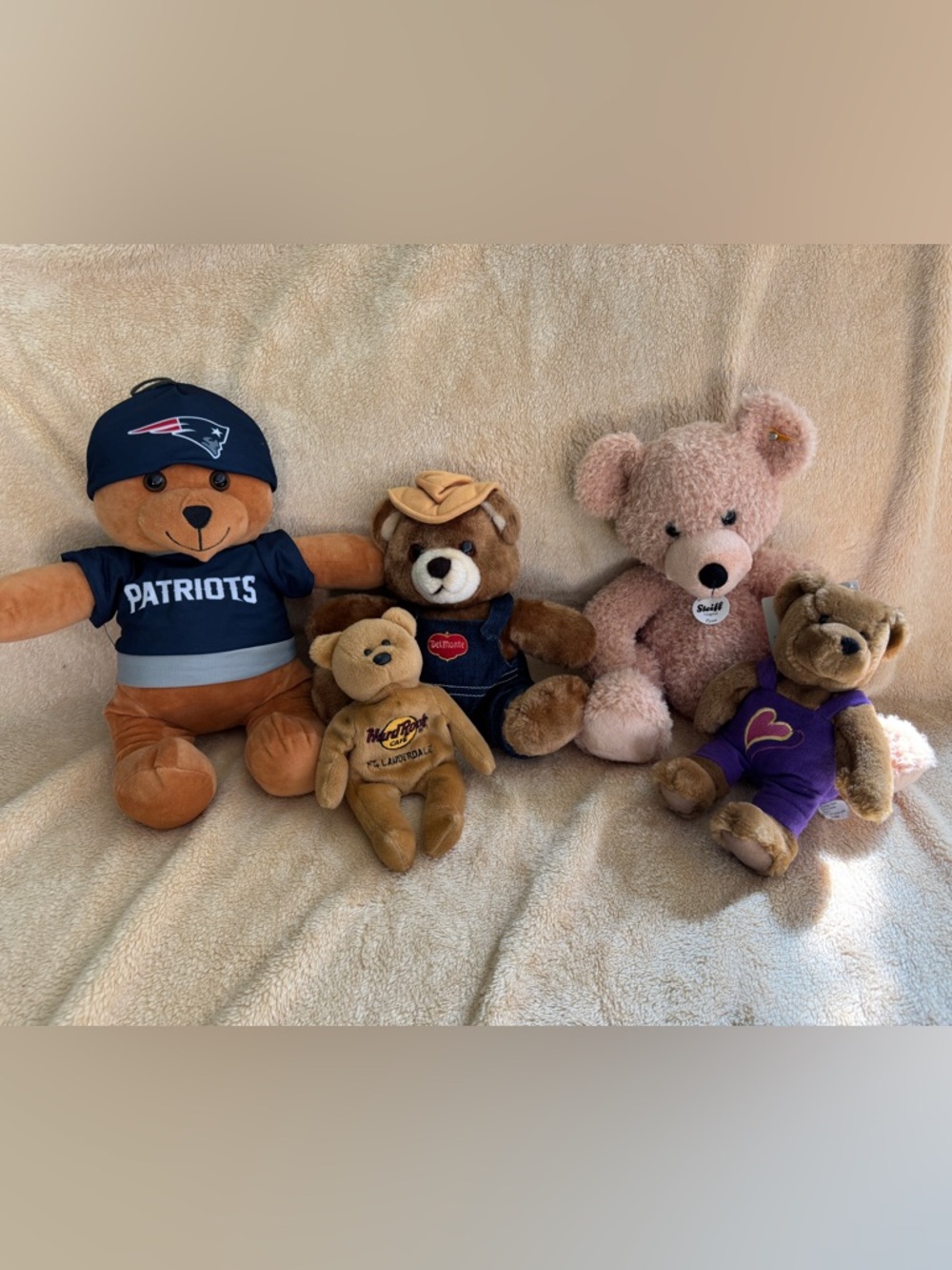 Lot of 5 Plush Bear Steiff, Hallmark, Hard Rock Cafe, Del Monte Various Sizes